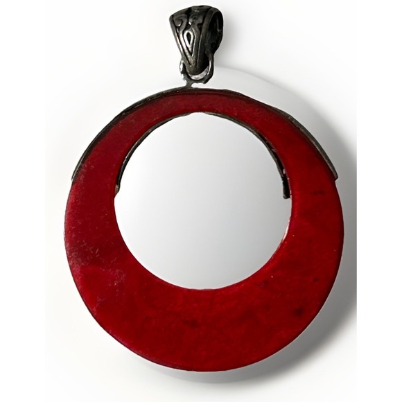 Sterling Silver Red Coral Disc Pendant Handcrafted Bali Thai Style Scrollwork - Picture 2 of 9